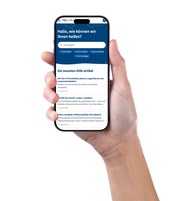Eine Hand hält ein Smartphone, auf dem das IServ Hilfe-Center zu sehen ist.
