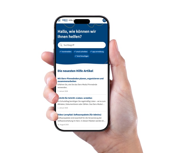 Eine Hand hält ein Smartphone, auf dem das IServ Hilfe-Center zu sehen ist.