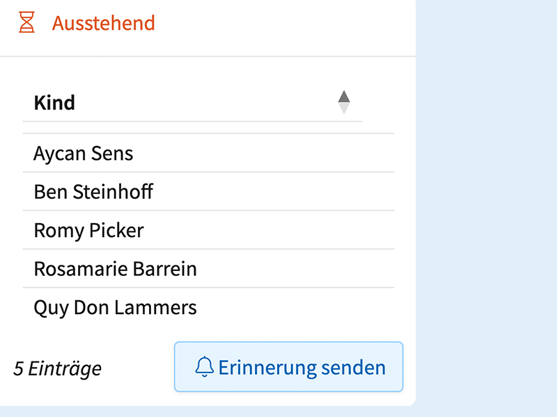 Ein Screenshot eines Elternbriefs: Eine Übersicht von Eltern, die noch nicht auf den Elternbrief reagiert haben. Daneben ein Button: Erinnerung senden.