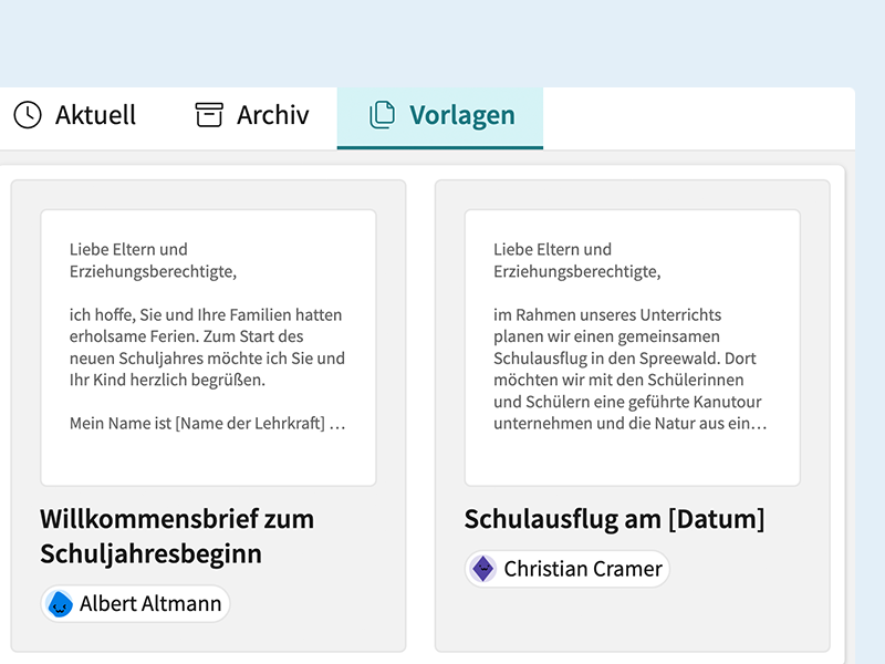 Screenshot: Zwei Elternbrief-Vorlagen sind in der IServ Schulplattform zu sehen.