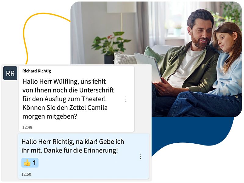 Ein Vater sitzt mit seiner Tochter am Tablet. Daneben ist ein Screenshot von einem Chat mit einer Lehrkraft.
