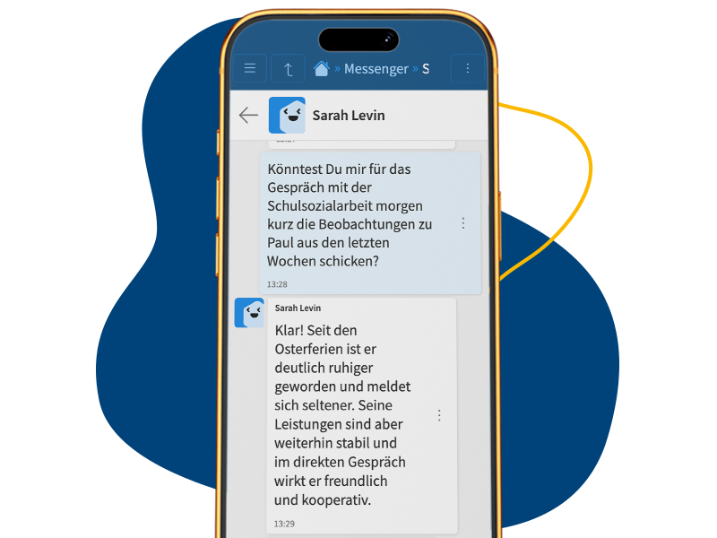 Ein Smartphone, auf dem ein vertraulicher Chat zwischen zwei Lehrkräften abgebildet ist.