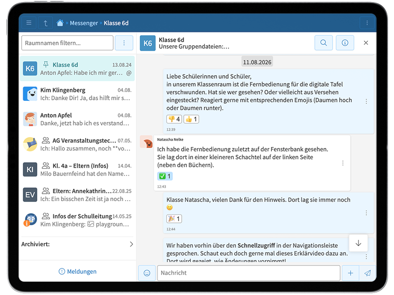 Ein Screenshot vom Messenger, auf dem eine Übersicht von Chat-Räumen und ein geöffneter Chat-Raum zu sehen sind.