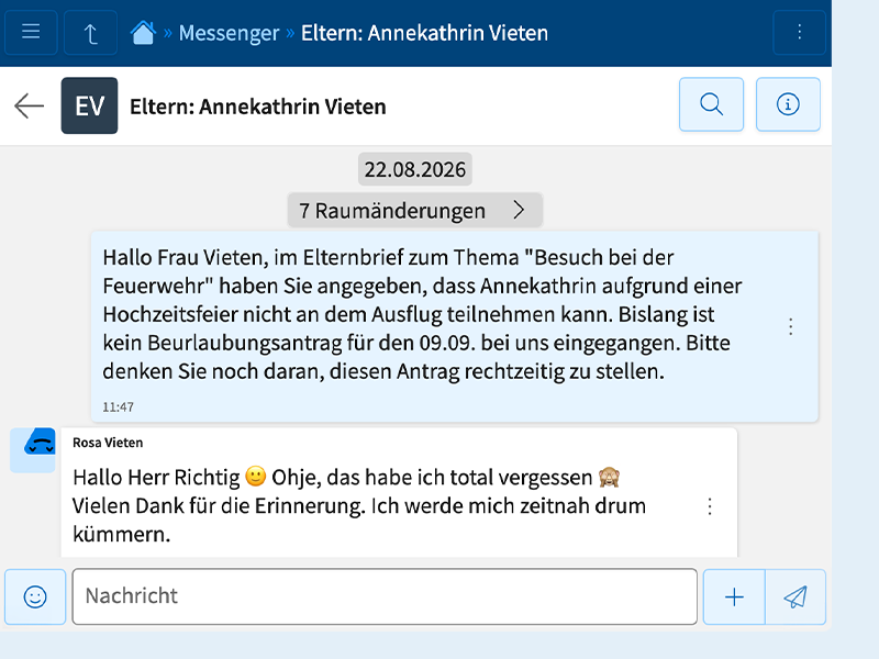 Screenshot von einem Chat-Raum: Gespräch zwischen Lehrkraft und Elternteil.