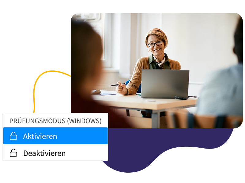 Eine Lehrkraft sitzt während der Prüfungsaufsicht am Laptop. Daneben ist auf einem Screenshot zu sehen, dass der Prüfungsmodus aktiviert wird.