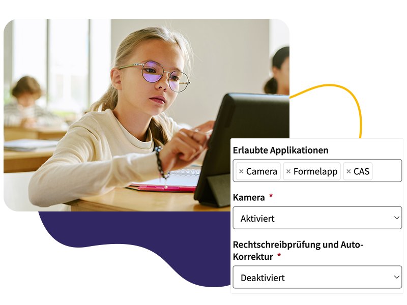 Eine Schülerin am Tablet. Daneben ein Screenshot, welche Einstellungen im Prüfungsmodus vorgenommen wurden.