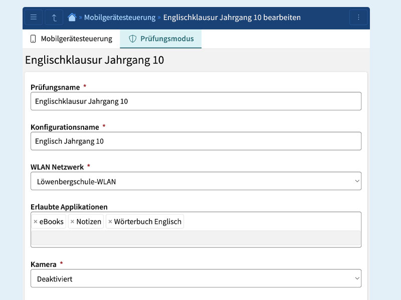 Screenshot von den Einstellungsoptionen des Prüfungsmodus für iPads.