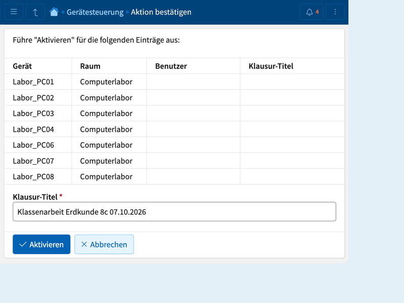 Screenshot einer Liste an Windowsgeräten, für die der Prüfungsmodus aktiviert wird.