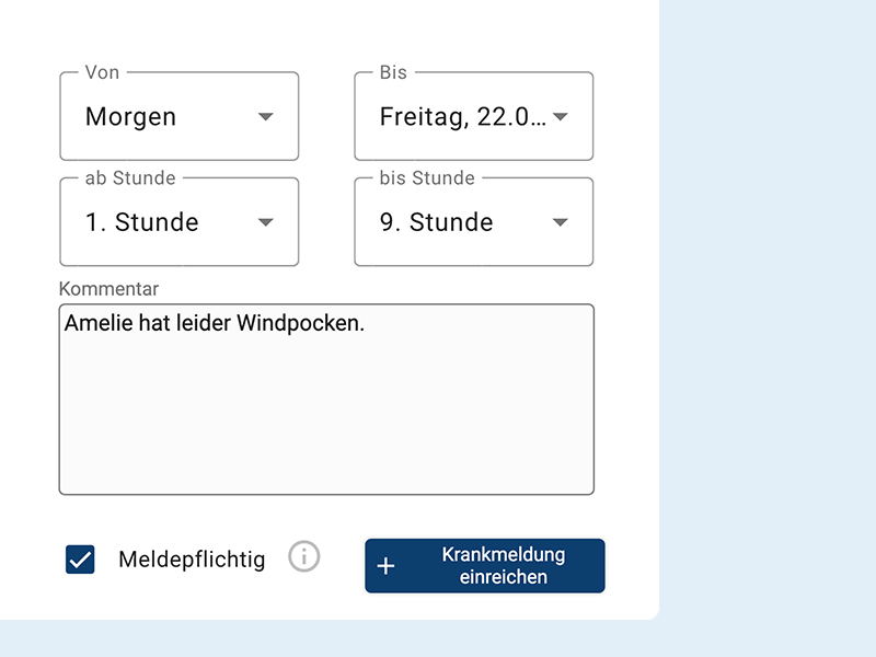 Eine Krankmeldung für Windpocken, bei der der Punkt "Meldepflichtig" aktiviert ist.