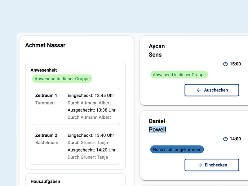 Ein Screenshot aus der Ganztagsübersicht im Schüler(innen) ein- und auszuchecken