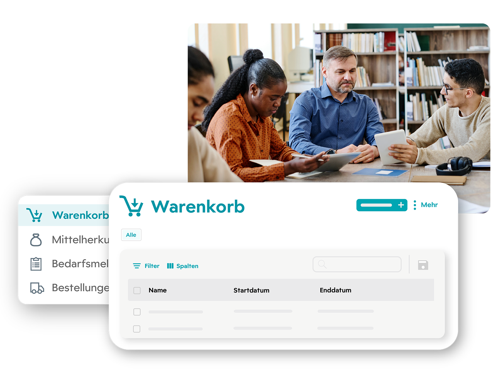 Screenshot von einem inventorio-Warenkorb. Dazu ein Foto von Lehrkräften, die gemeinsam an Tablets arbeiten.