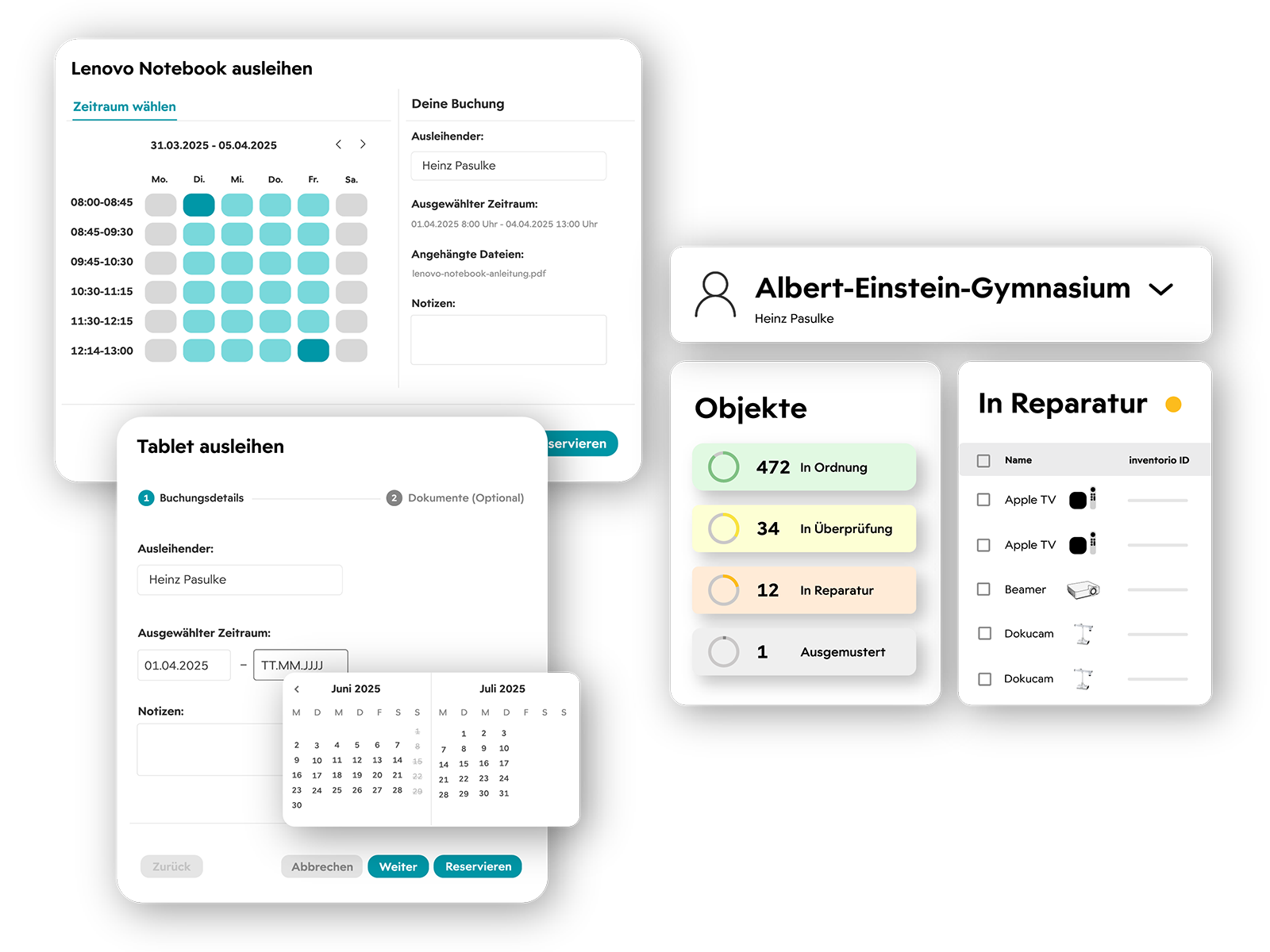 inventorio-Screenshots: Die Ausleihe, eine Rolle, eine Objekt- und eine Reparaturübersicht.