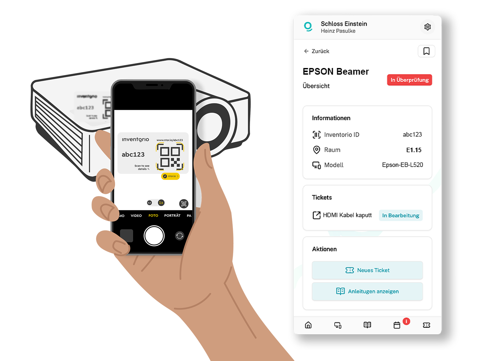 Ein Screenshot von einem Ausleih-Screen eines Beamers. Dazu eine Hand, die ein Smartphone mit einem QR-Code hält, und ein Beamer.