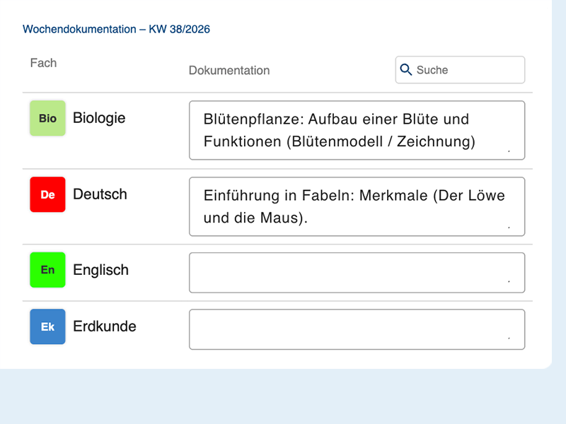 Ein Screenshot von einer wochenweisen Fächerdokumentation im Klassenbuch.