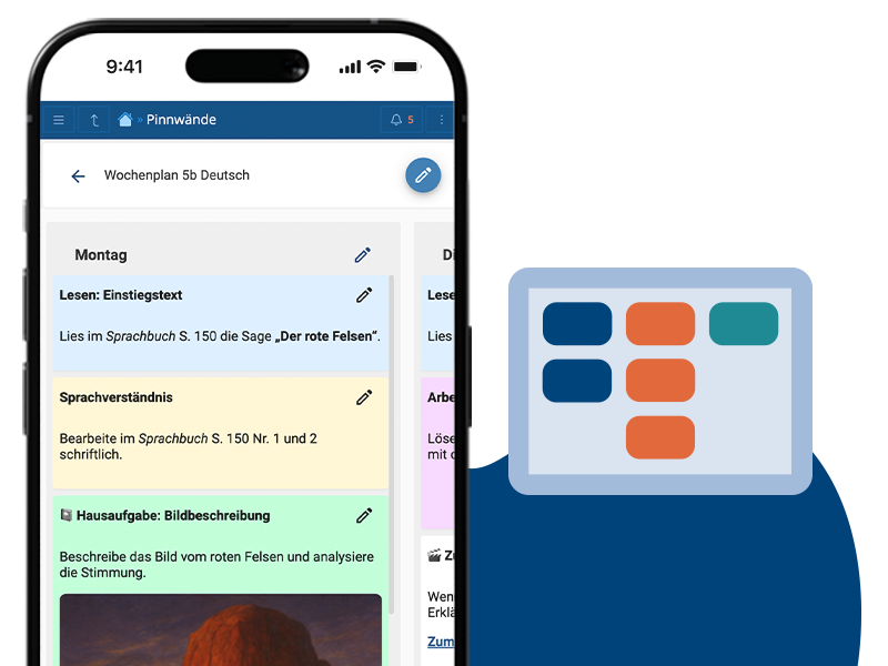 Das Pinnwände-Modul auf einem Smartphone. Zu sehen ist ein Wochenplan für das Fach Deutsch.