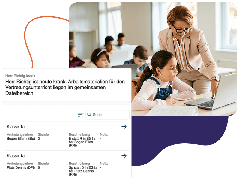 Ein Bildausschnitt von einem Vertretungsplan. Daneben ist ein Foto von einer Lehrerin, die einer Schülerin etwas auf einem Tablet zeigt.