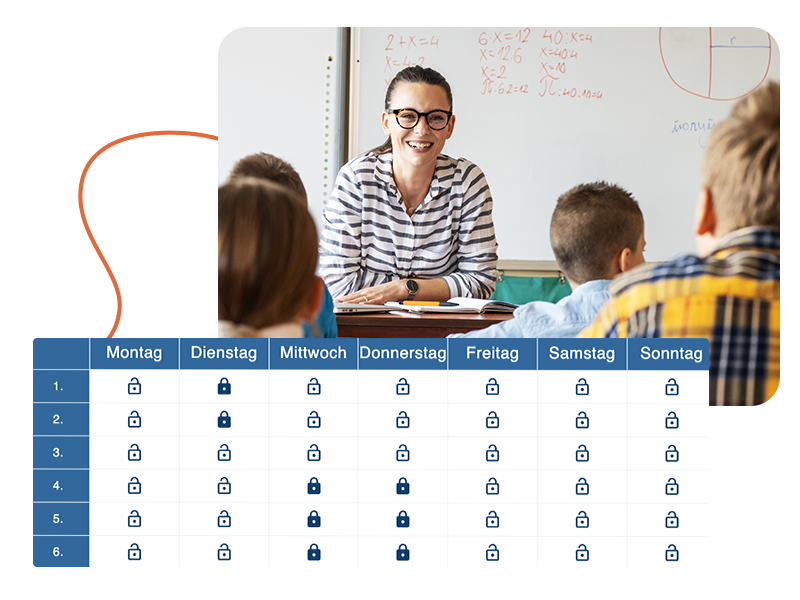 Eine Ansicht in der IServ-Stundenplanung, in der bestimmte Stunden für eine Lehrkraft gesperrt sind. Auf einem Foto ist eine Lehrerin vor einer Schulklasse zu sehen.