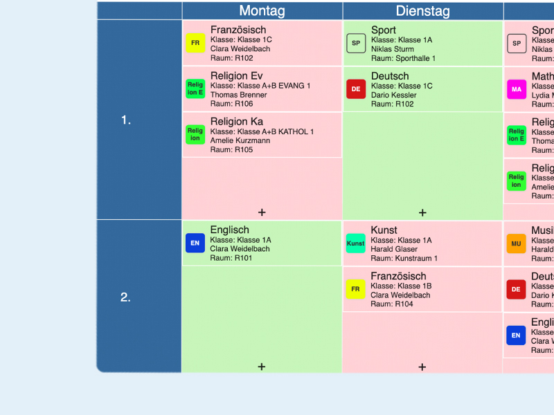 Auf einer digitalen Stecktafel wird in grün und rot angezeigt, wo eine Stunde platziert werden kann.
