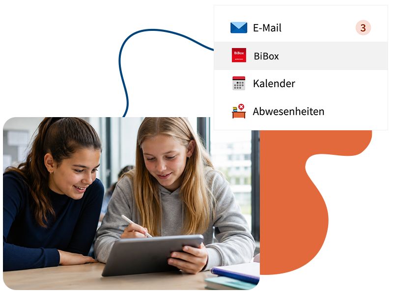 Zwei Schülerinnen arbeiten an einem Tablet. Daneben ist die IServ-Navigation mit dem Eintrag BiBox zu sehen.